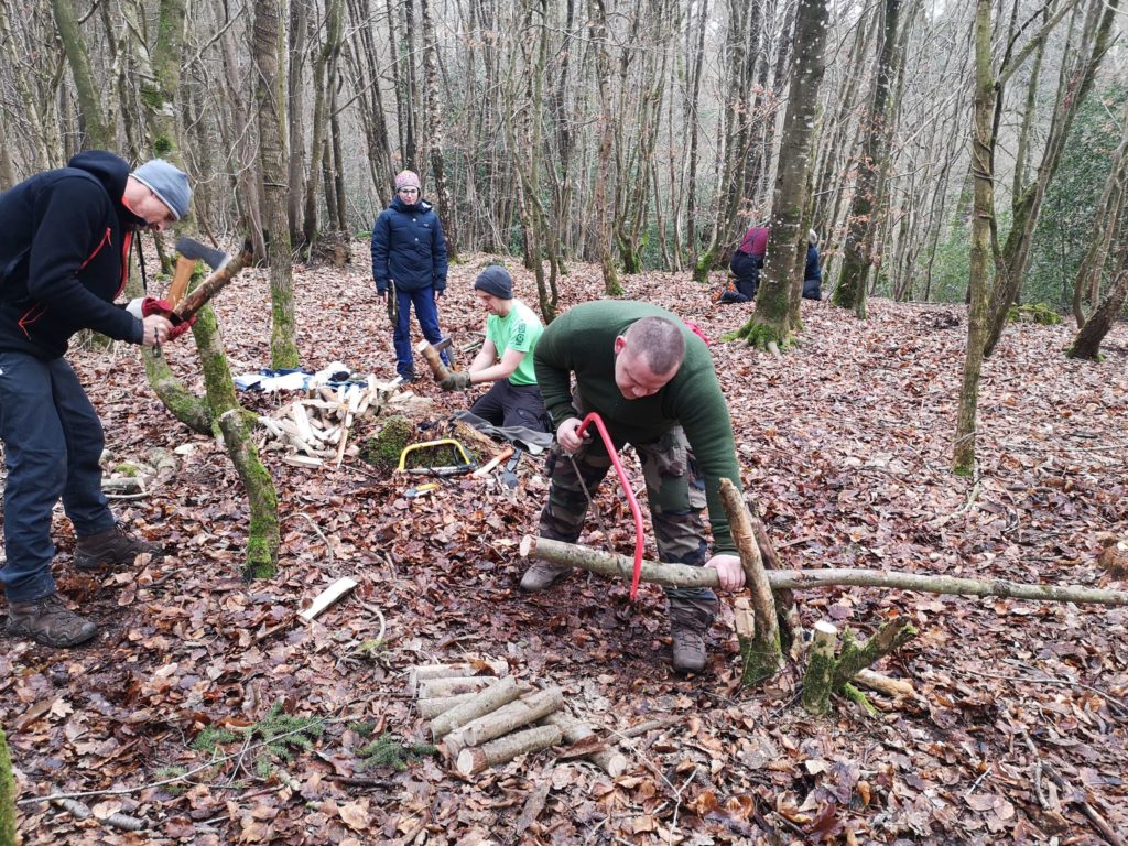 Couper du bois en stage de survie